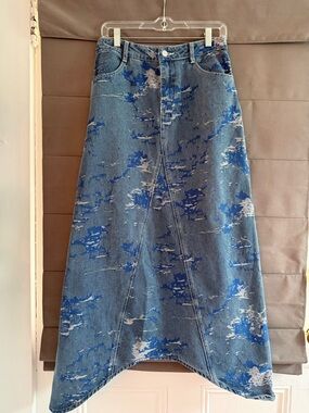 Udel New York Printed Denim Maxi Skirt | Cloud Wash Handkerchief Hem | Size M